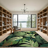 Lush Green Monstera Palm Leaf Area Rug on Black