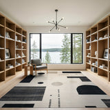 Abstract Geometric Beige Area Rug with Black Shapes