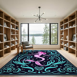 Ornate Pink Mermaid Starry Teal Area Rug