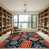 Washable Retro Cinema Popcorn Navy Blue Low Pile Area Rug