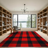 Red Black Buffalo Plaid Area Rug with Fir Trees