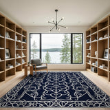 Navy Persian Area Rug with White Floral Vines