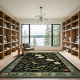 White Anemone Floral Area Rug on Black