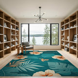 Teal Hibiscus Monstera Leaf Area Rug
