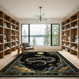 Coiled Teal Dragon Under Moonlit Forest Rug