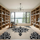 Ornate Black Floral on Beige Persian Area Rug