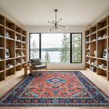 Vibrant Red Persian Area Rug with Blue Border