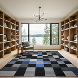 Modern Geometric Patchwork Area Rug in Black, White Blue