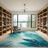 ODIKA Washable Teal Tropical Palm Leaf Area Rug - Low Pile Non-Slip Rug