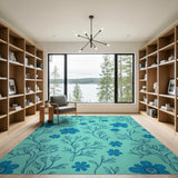 Teal Blue Floral Outline Area Rug
