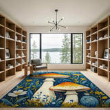 Whimsical Orange Mushroom Teal Forest Area Rug