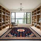 ODIKA Washable Navy Blue & Terracotta Bohemian Area Rug - Non-Slip Low Pile