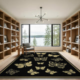 Golden Butterflies on Black Area Rug