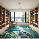 Teal Palm Leaf Coastal Beach Area Rug