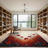 ODIKA Red Poppy Floral Washable Area Rug - Low Pile Non-Slip Artistic Meadow Decor