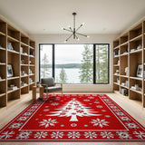 Festive Red Christmas Tree Snowflakes Area Rug