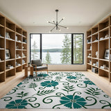 Blue and Teal Teal Floral Vine Swirl Area Rug