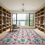 Whimsical Pink Flower Green Leaf Area Rug