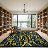 Playful Yellow Dancers in Blue Flowers Area Rug