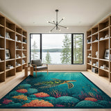 Blue and Teal Teal Sea Turtle Coral Reef Area Rug