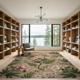 Vintage Pink Peony Fern Floral Area Rug