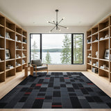 Modern Geometric Grey Grid Area Rug with Red Accents
