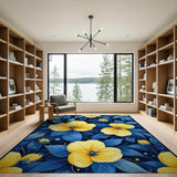 Vibrant Yellow Flowers on Navy Blue Leaves Rug