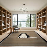 Adorable Black White Cat on Beige Striped Rug