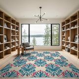 Blue Teal Palm Leaf Red Berry Pattern Rug