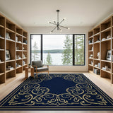 Navy Blue Gold Ornate Scroll Border Area Rug