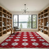White Floral Lattice on Crimson Red Area Rug