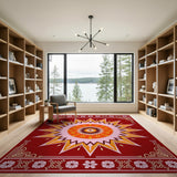 Red Starburst Mandala Rug with Floral Borders