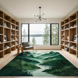 Washable Watercolor Green Mountain Forest Area Rug - Low Pile, Non-Slip & Pet Friendly