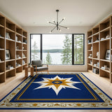 Navy Blue Compass Rose Rug with Gold Filigree Border