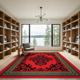 Ornate Red Persian Area Rug with Black Scrolls