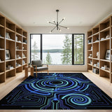 Neon Blue Circuit Spiral Area Rug