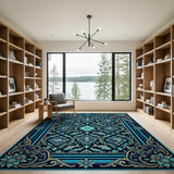 Teal Koi Fish Lotus Navy Area Rug