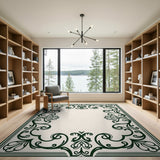 Ornate Green Scrollwork Border Area Rug