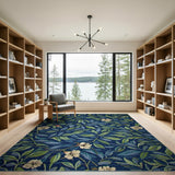Navy Blue Leaf Flower Floral Area Rug