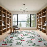 Festive Green Holly Branches with Red Berries Pattern Rug