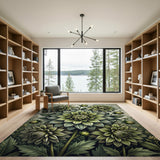 Vintage Green Dahlia Floral Area Rug