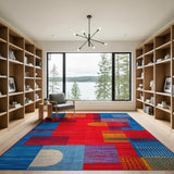 Vibrant Red Blue Geometric Abstract Area Rug