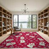 Kids Cartoon Festive Snowmen Snowflakes Red Area Rug