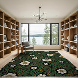 Dark Green Floral Vintage Area Rug with White Blooms