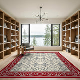 Red Border Grey Damask Cream Area Rug