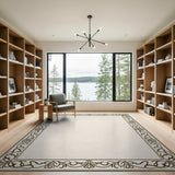 Beige and Neutral Border Ornate Floral Border Beige Area Rug