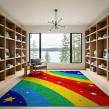 Rainbow Wavy Stripes with Stars Kids Area Rug