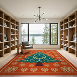 Teal Mandala Christmas Tree Area Rug with Snowflakes