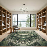 Ornate Green Lotus Mandala Area Rug