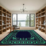 Teal Floral Border Navy Persian Area Rug